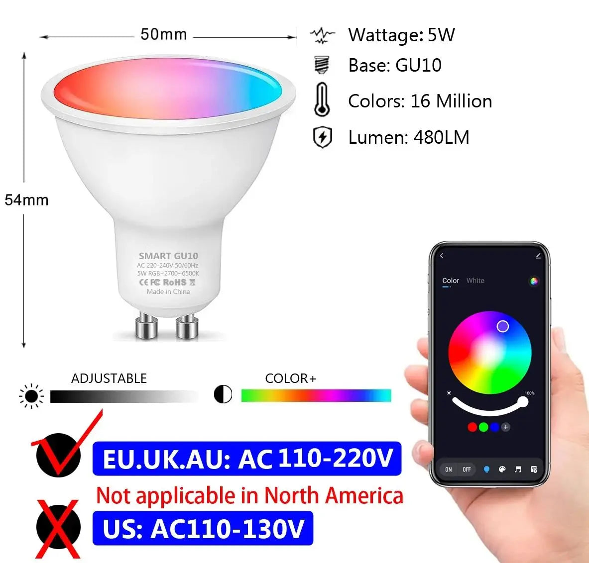 GU10 LED Bulb Dimmable RGB Colour Changing Smart Bulb 220V 9W Bluetooth WIFI Smart Life APP Control LED Light Bulb For Room Home
