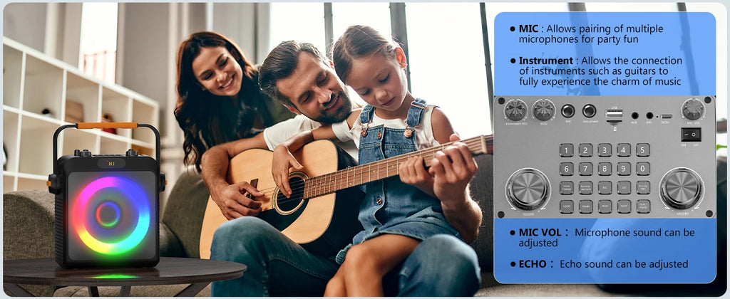 T19-T Karaoke machine with 2 wireless microphones, black Karaoke speakers with bass/treble adjustment