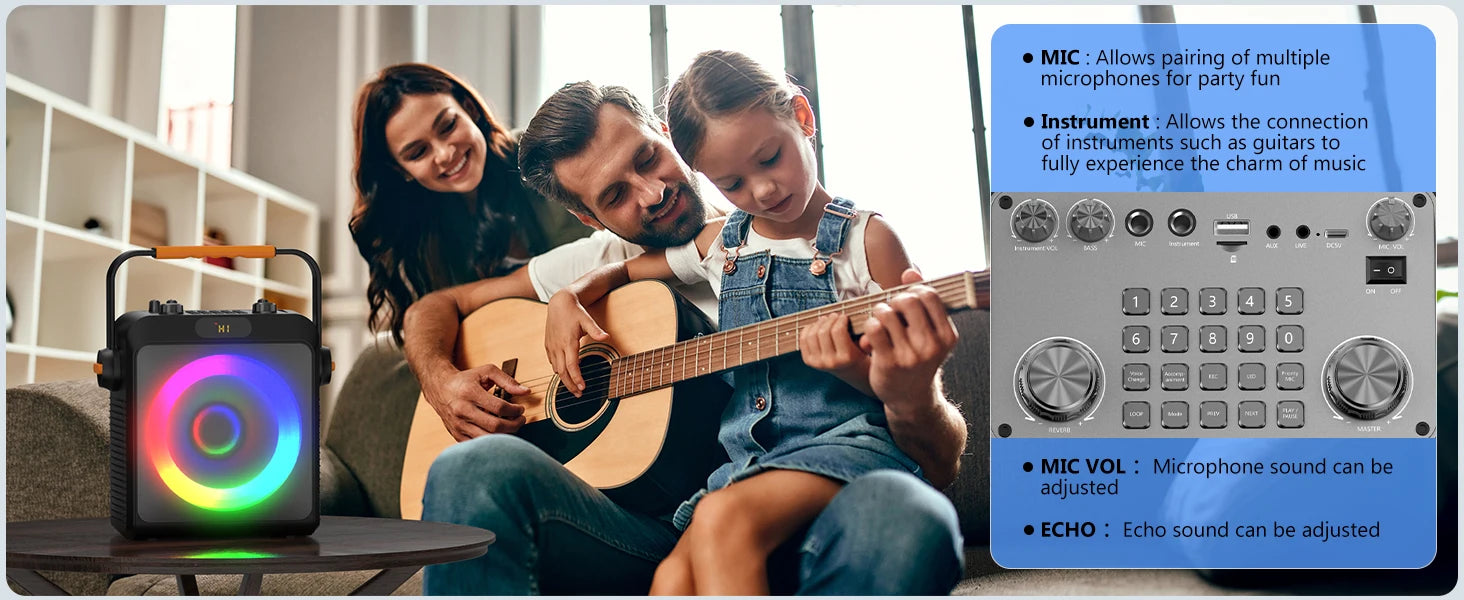 T19-T Karaoke machine with 2 wireless microphones, black Karaoke speakers with bass/treble adjustment