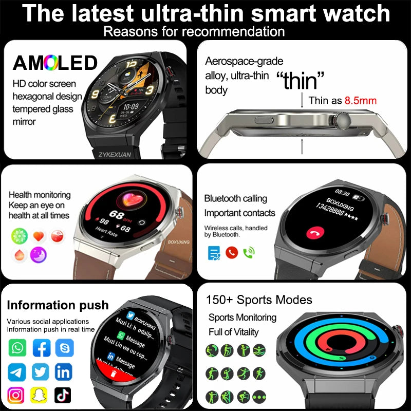 New Ultra Thin Smart Watch Men HD AMOLED 150+Sports NFC GPS Track IP68 Waterproof Health Monitor Bluetooth Call Smartwatch Woman