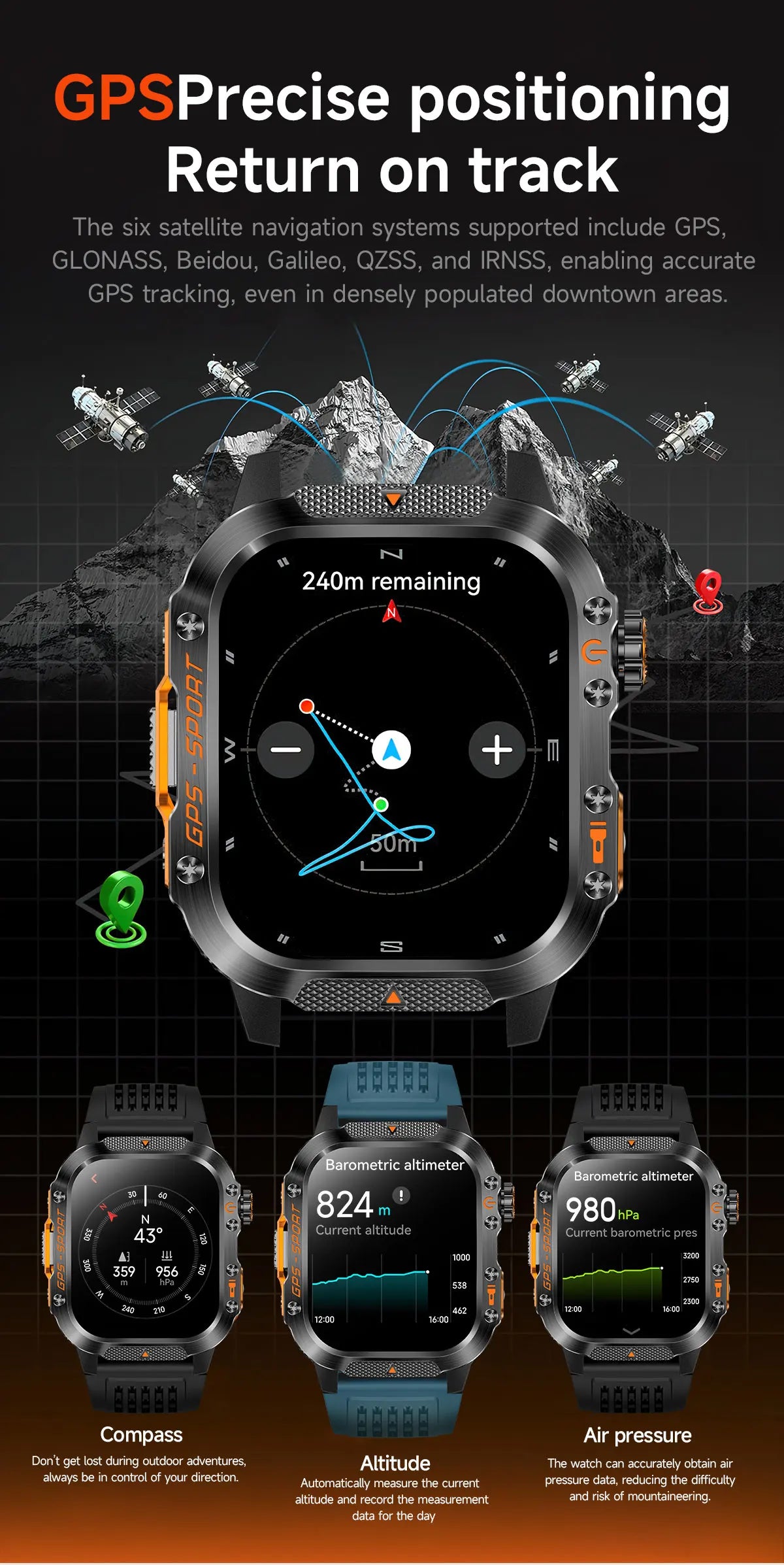 New Military Outdoor Sports GPS Smart Watch Men Built-in GPS Compass 10ATM Waterproof Swim Heart rate Bluetooth Call SmartWatch