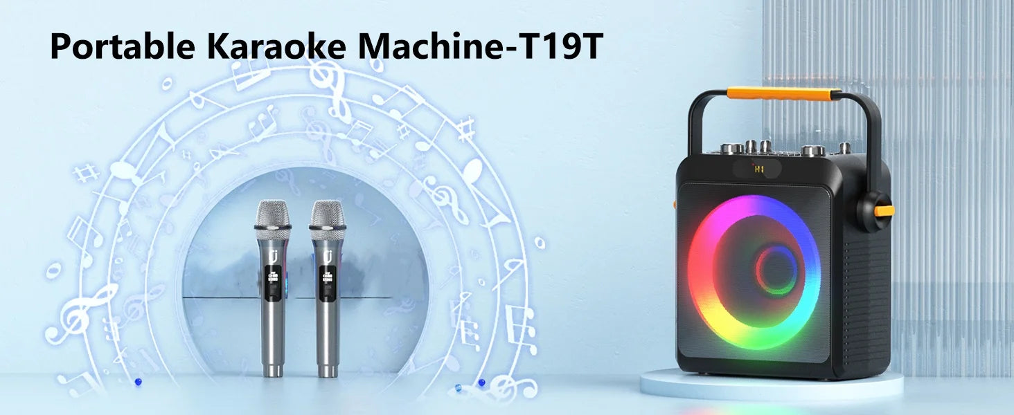 T19-T Karaoke machine with 2 wireless microphones, black Karaoke speakers with bass/treble adjustment