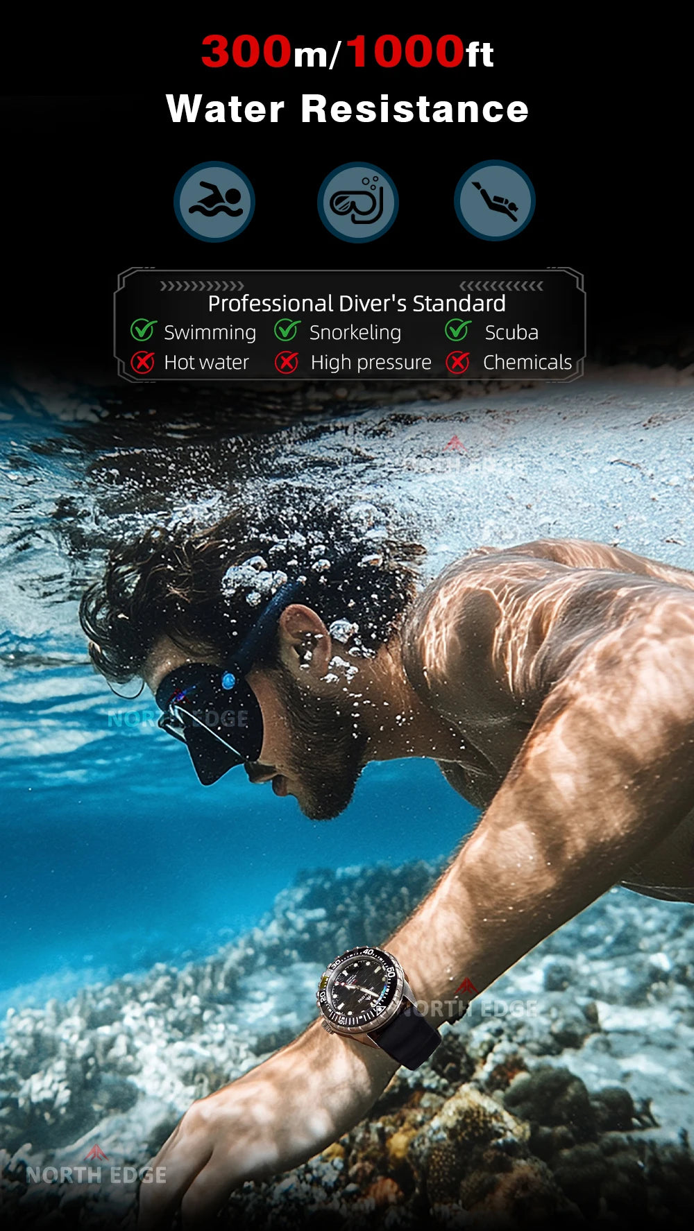 NORTH EDGE TRITON-Ti Solar Powered Dive Watch Titanium Alloy Case Men Luxury Quartz Watches For Men Waterproof 300M