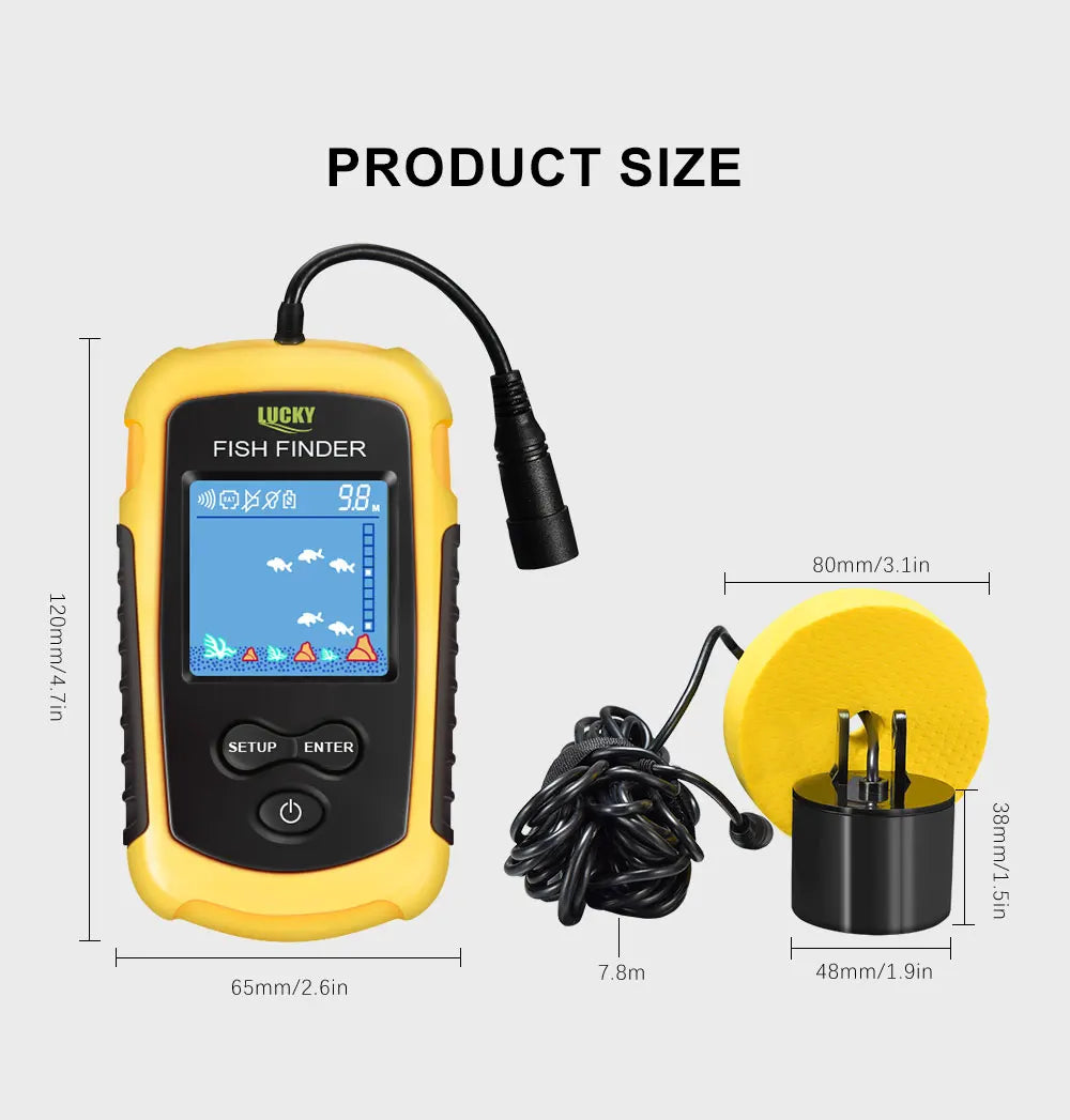 FFC1108-1 Alarm 100M Portable Sonar Fish Finders 45 degrees Sonar Coverage Echo Sounder Alarm Transducer Lake Sea Fishing