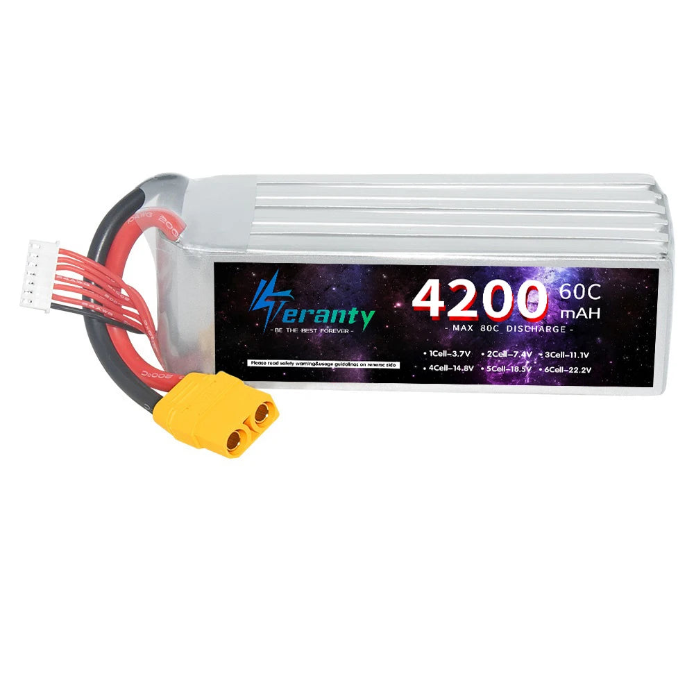 Teranty Lipo Battery 4200mAh 6S 22.2V 60C For Aircraft Model Drone Quadcopter High Power With DeansT XT60 XT90 TRX Connector