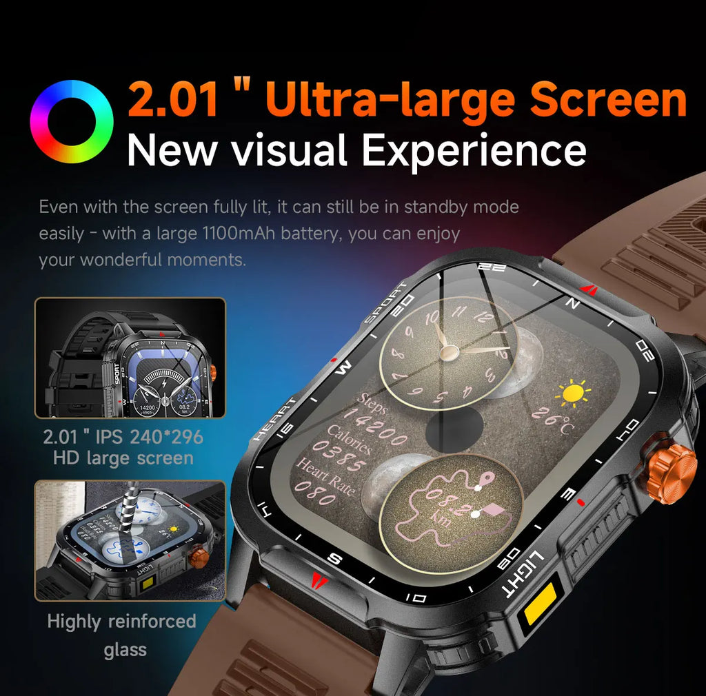 2025 Global Hiking Smartwatch 2.01''Screen 1100mAh Battery LED Light Compass IP68 Voice Assistant Outdoor Sport  Fitness Watch