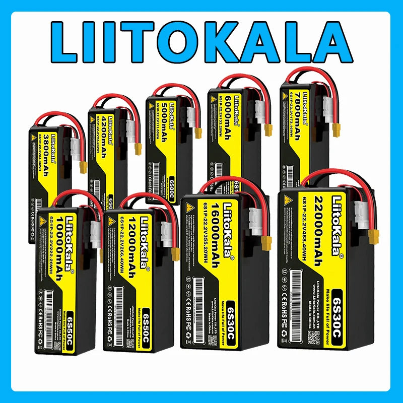 22.2V 50C 60C 80C 100C 6S 6000mAh 10000mAh 12000mAh 16000mAh Lithium Polymer Battery with XT60 X90 Plug, Suitable for Drones