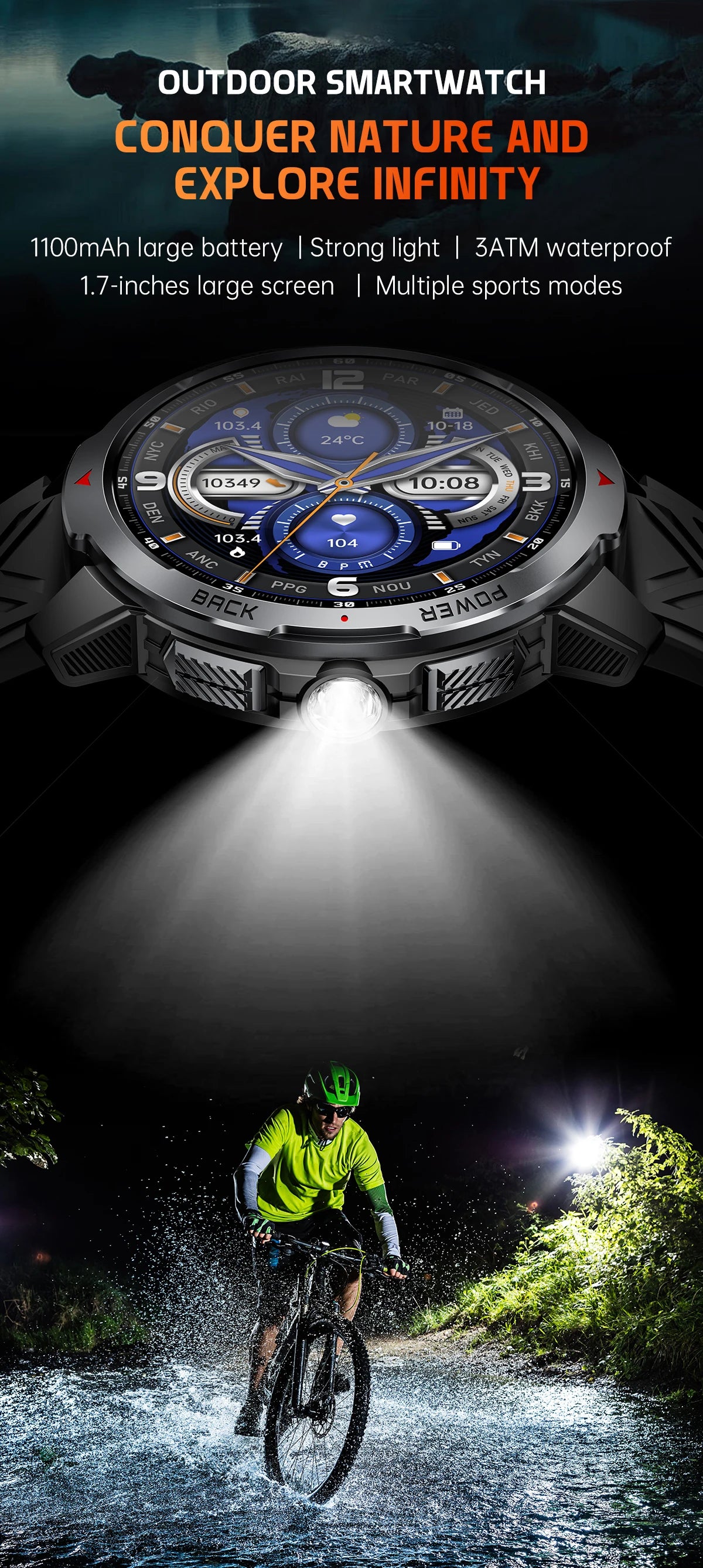 LIGE 1.7“ HD Screen LED Flashlight Outdoor Sports Smart Watch 2025 New 1100mAh Battery Compass 3ATM Waterproof SmartWatch Men