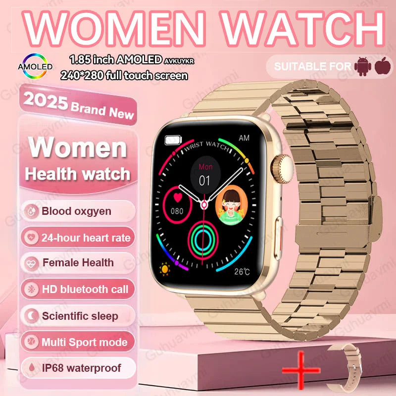 2025 New Genuine NFC Smat Watch For Men 1.85"AMOLED Screen Blood Pressure Heart Rate Female Health Waterproof Smarwatches Ladies