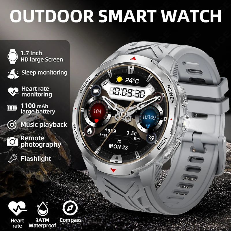 LIGE 1.7“ HD Screen LED Flashlight Outdoor Sports Smart Watch 2025 New 1100mAh Battery Compass 3ATM Waterproof SmartWatch Men