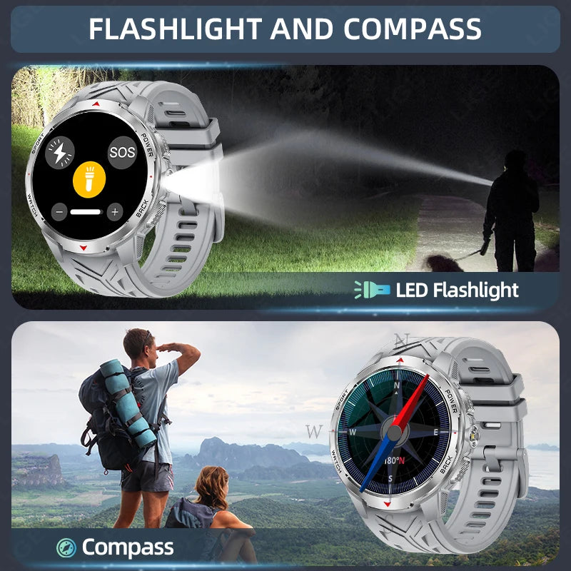 LIGE 1.7“ HD Screen LED Flashlight Outdoor Sports Smart Watch 2025 New 1100mAh Battery Compass 3ATM Waterproof SmartWatch Men