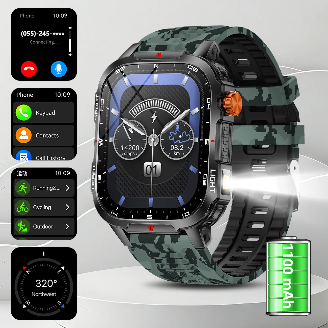 2025 Global Hiking Smartwatch 2.01''Screen 1100mAh Battery LED Light Compass IP68 Voice Assistant Outdoor Sport  Fitness Watch