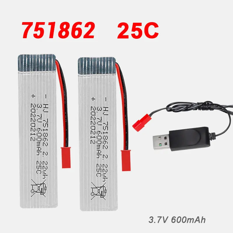 Lithium Battery 3.7V Jst 600mAh 751862 Batteries for Udi U818A WLtoys V959 V929 Drone Accessories Model Aircraft Drill 25C Li Po