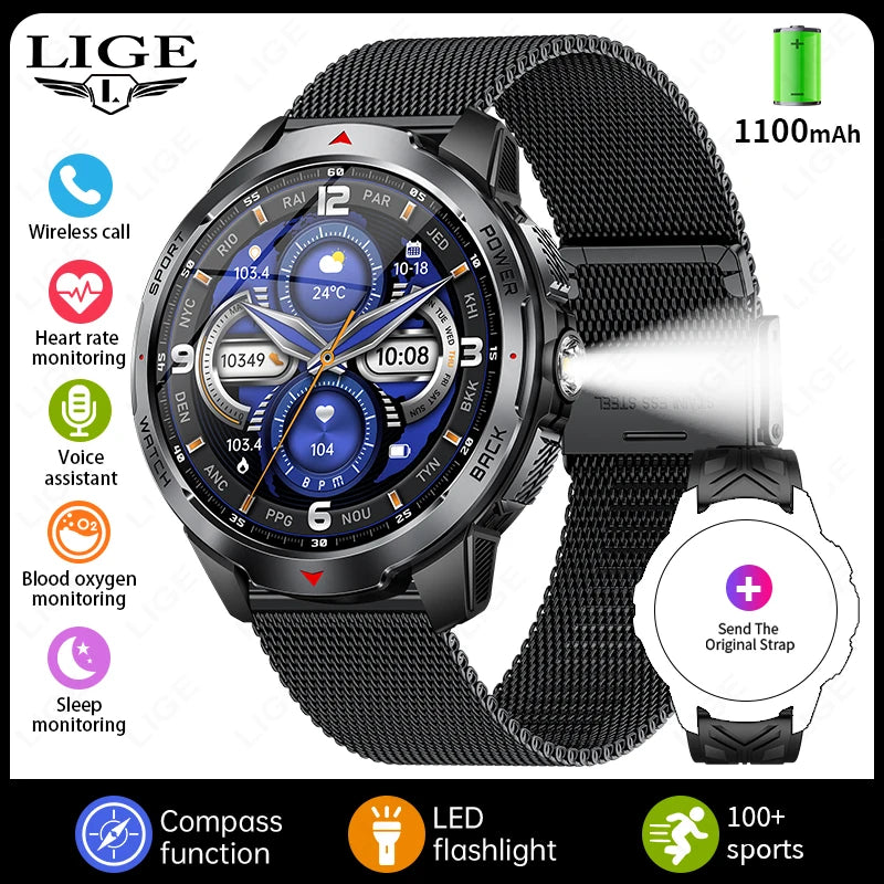 LIGE 1.7“ HD Screen LED Flashlight Outdoor Sports Smart Watch 2025 New 1100mAh Battery Compass 3ATM Waterproof SmartWatch Men