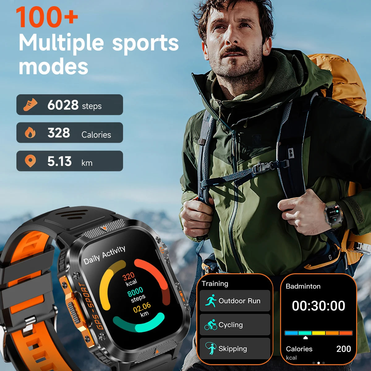 New Smart Watch Built-in Dual-frequency GPS Wireless Call 3ATM Waterproof  LED Flashlight Compass Men's Outdoor Sport Smartwatch