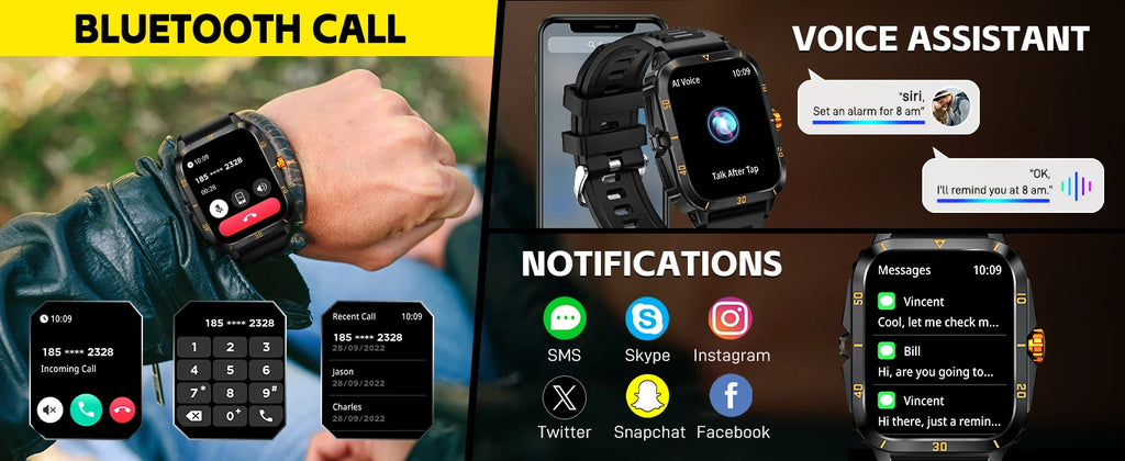 EIGIIS Smart Watch 3ATM Waterproof 1.96" IPS Screen Military KT71 Men 100+ Sport Mode Heart Rate Blood Pressure Bluetooth Call - Clear Quartz Market