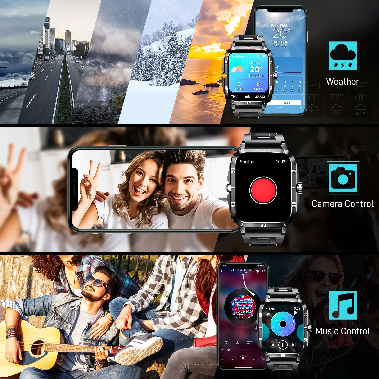 EIGIIS Smart Watch 3ATM Waterproof 1.96" IPS Screen Military KT71 Men 100+ Sport Mode Heart Rate Blood Pressure Bluetooth Call - Clear Quartz Market