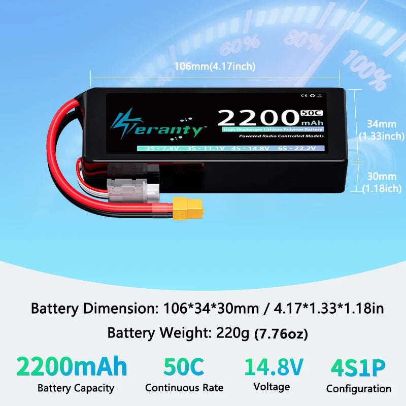 Teranty 4S Lipo FPV Drone Battery 14.8V 2200mAh 50C Softcase with T XT60 Plug for RC Car RC Helicopters Trucks RC Model Parts