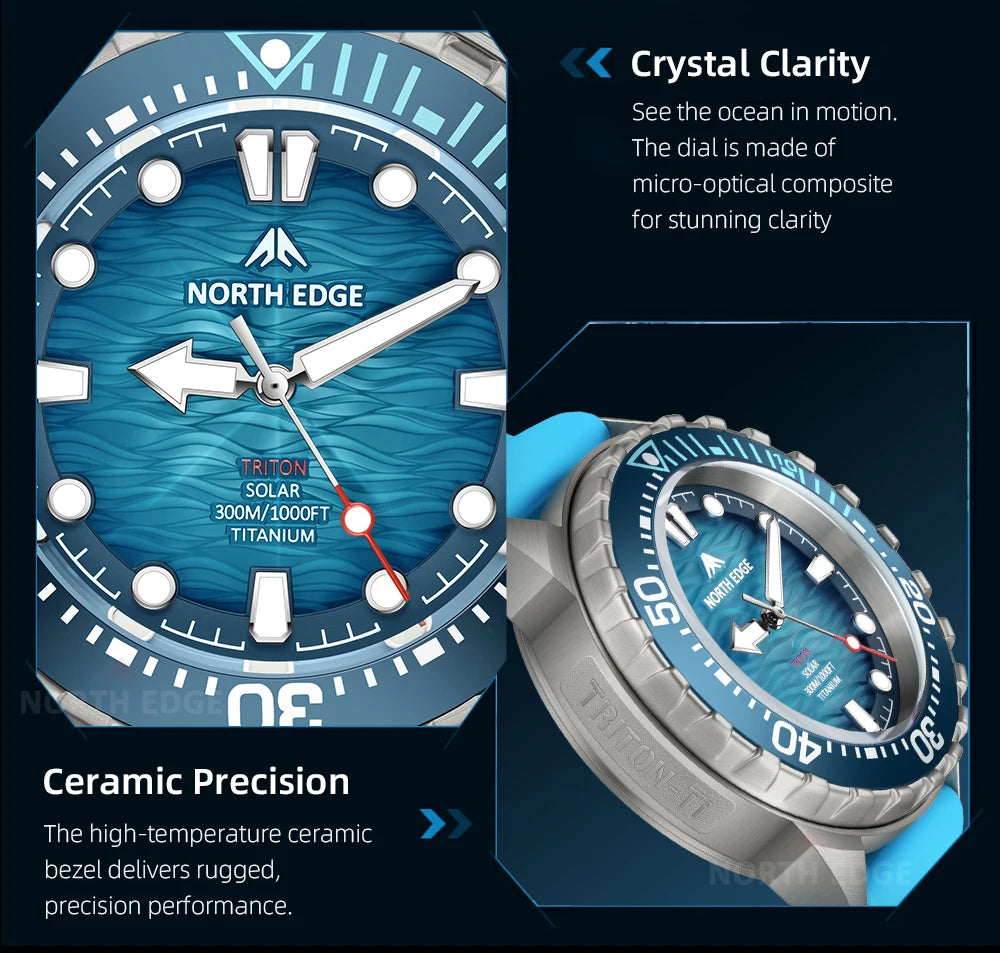NORTH EDGE TRITON-Ti Solar Powered Dive Watch Titanium Alloy Case Men Luxury Quartz Watches For Men Waterproof 300M