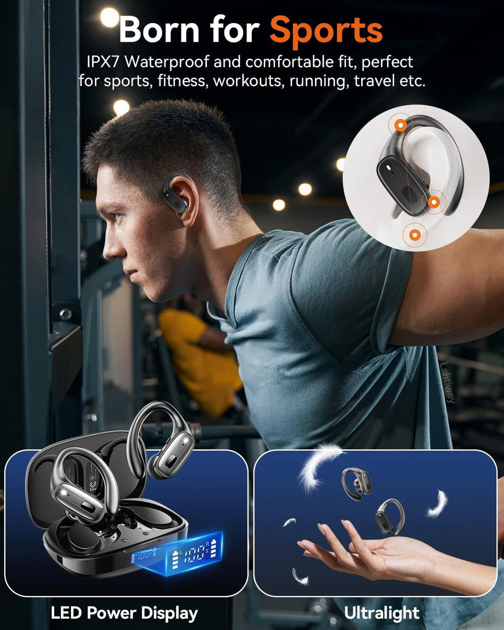 Sports Bluetooth 5.3 Headphones Wireless Earbuds Ear Buds with ENC Noise Canceling Mic LED Power Display IPX7 Waterproof Headset