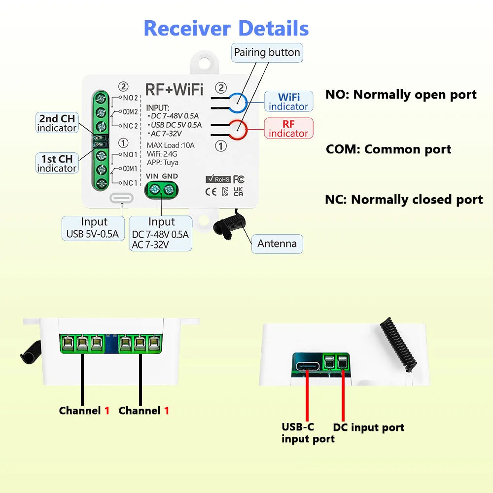 Tuya WiFi Smart Switch DC 12V 24V 2Channels Dry Contact Relay Receiver Wireless Remote Control Switch work with Smart Life,Alexa