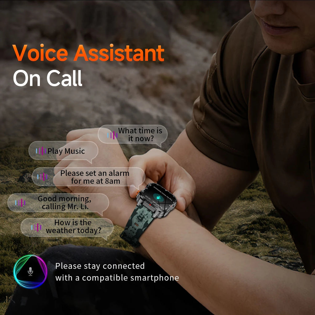 2025 Global Hiking Smartwatch 2.01''Screen 1100mAh Battery LED Light Compass IP68 Voice Assistant Outdoor Sport  Fitness Watch