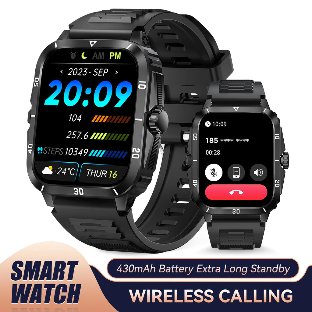 EIGIIS Smart Watch 3ATM Waterproof 1.96" IPS Screen Military KT71 Men 100+ Sport Mode Heart Rate Blood Pressure Bluetooth Call - Clear Quartz Market
