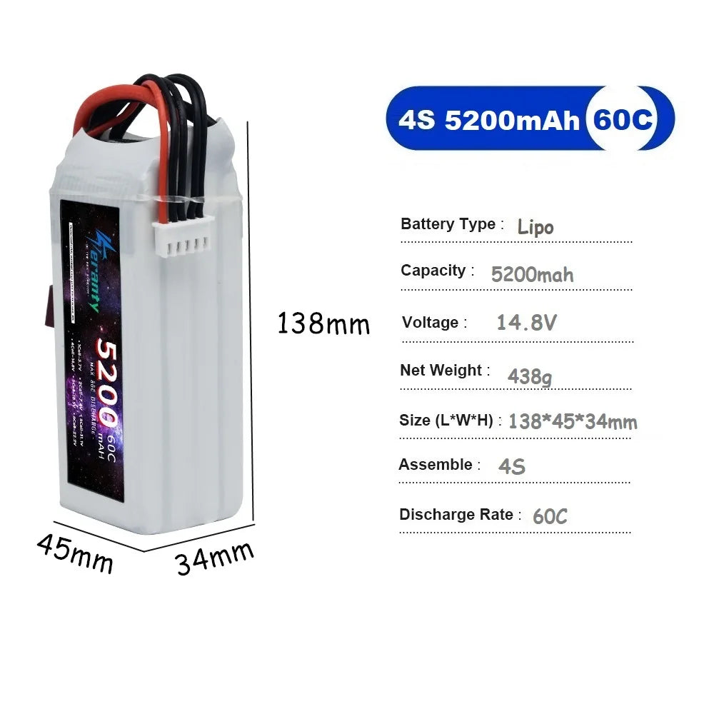 14.8v Battery 4S 5200mAh LIPO Battery 60C For Drone RC FPV Helicopter Quadcopter Racing Car 4S Rechargeable Batteries XT60/XT90 - Clear Quartz Market