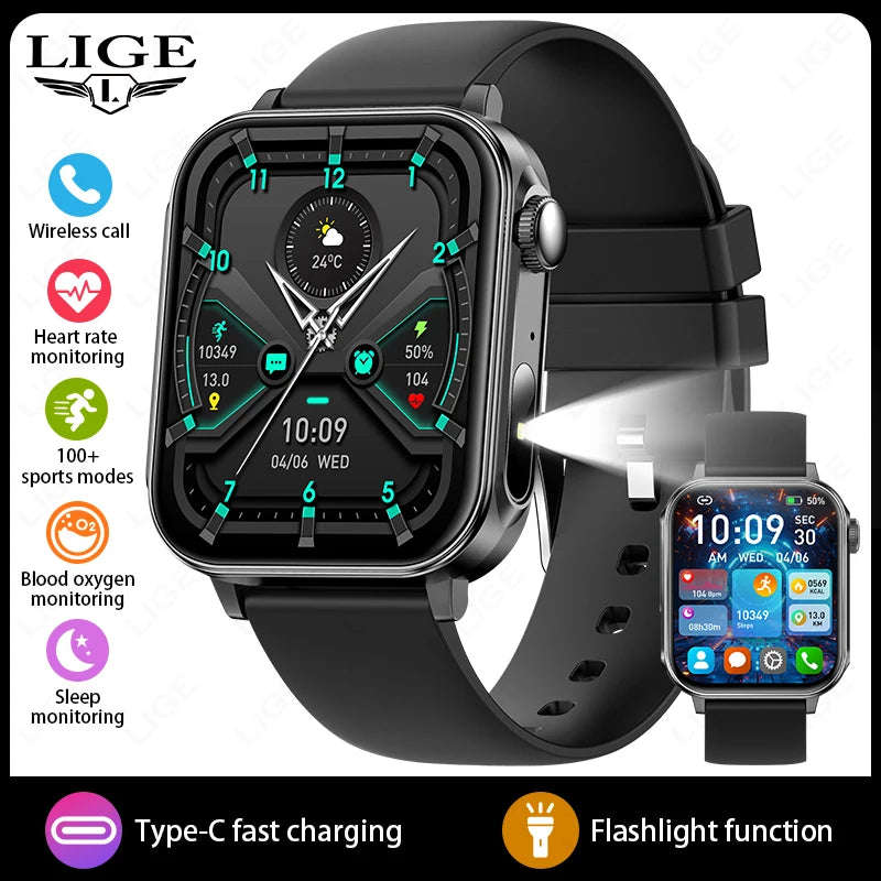 LIGE Type-C Smartwatch Men Women Health Manager Bluetooth Call Waterproof Sports Flashlight Smart Watch For Android iOS Phone