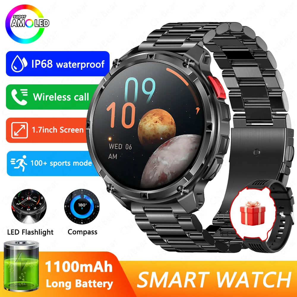 1100mAh Battery Smart Watch 1.7 Inch 360*360 AMOLED HD Screen Men Watch Compass 1ATM Waterproof Bluetooth Call Sports Smartwatch