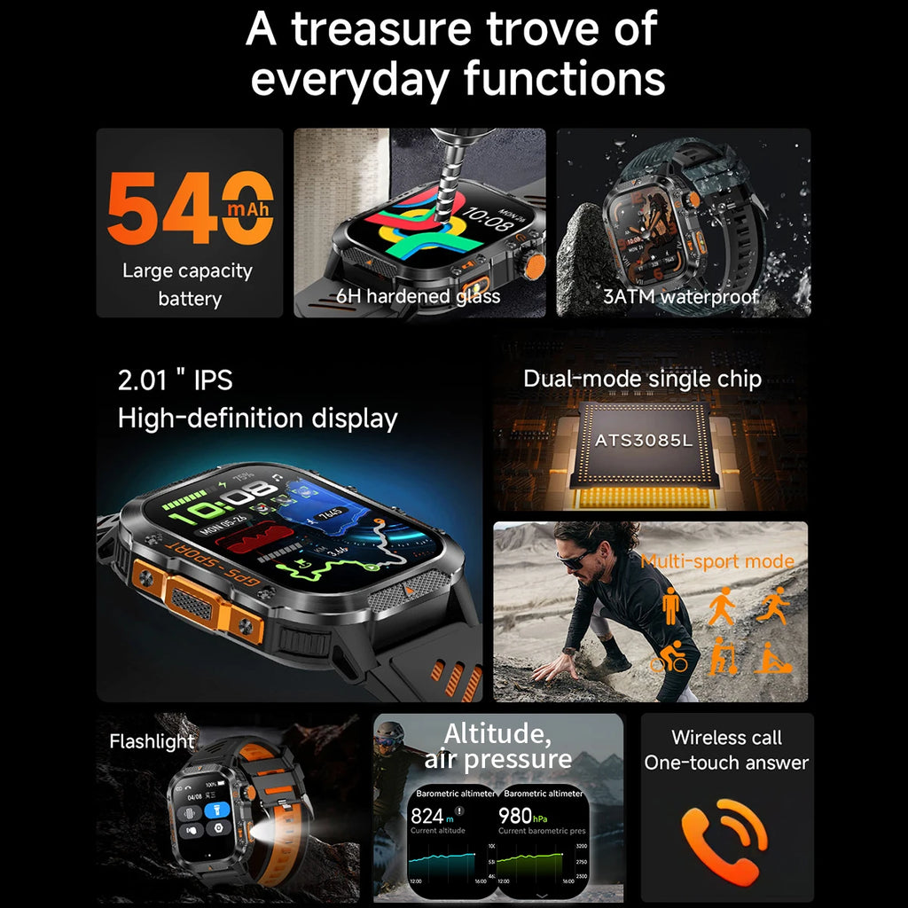 New Smart Watch Built-in Dual-frequency GPS Wireless Call 3ATM Waterproof  LED Flashlight Compass Men's Outdoor Sport Smartwatch