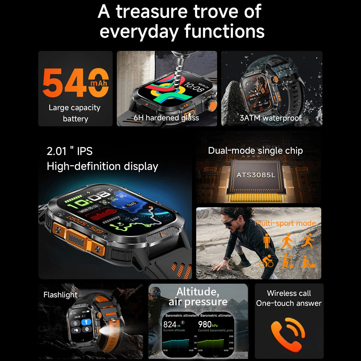 New Smart Watch Built-in Dual-frequency GPS Wireless Call 3ATM Waterproof  LED Flashlight Compass Men's Outdoor Sport Smartwatch