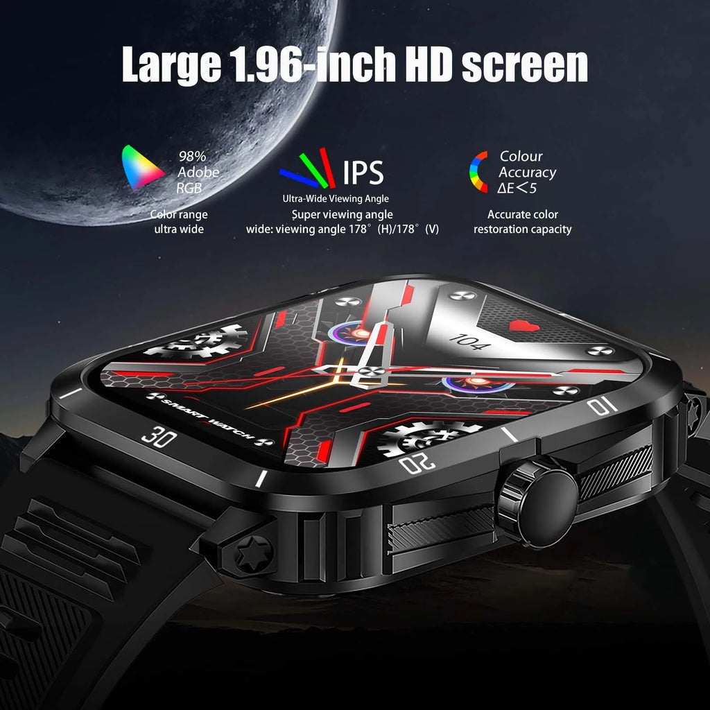 EIGIIS Smart Watch 3ATM Waterproof 1.96" IPS Screen Military KT71 Men 100+ Sport Mode Heart Rate Blood Pressure Bluetooth Call - Clear Quartz Market