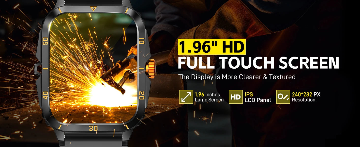 EIGIIS Smart Watch 3ATM Waterproof 1.96" IPS Screen Military KT71 Men 100+ Sport Mode Heart Rate Blood Pressure Bluetooth Call - Clear Quartz Market