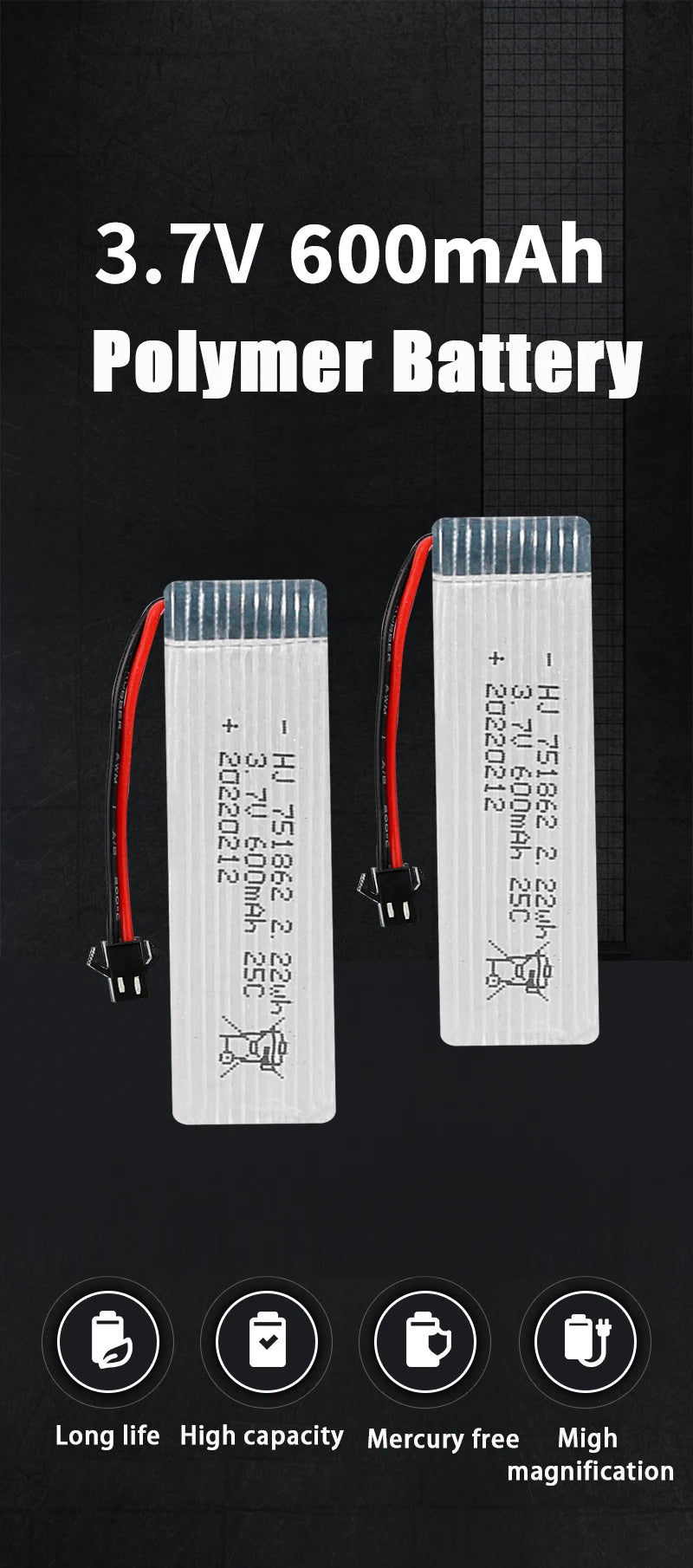 Lithium Battery 3.7V Jst 600mAh 751862 Batteries for Udi U818A WLtoys V959 V929 Drone Accessories Model Aircraft Drill 25C Li Po