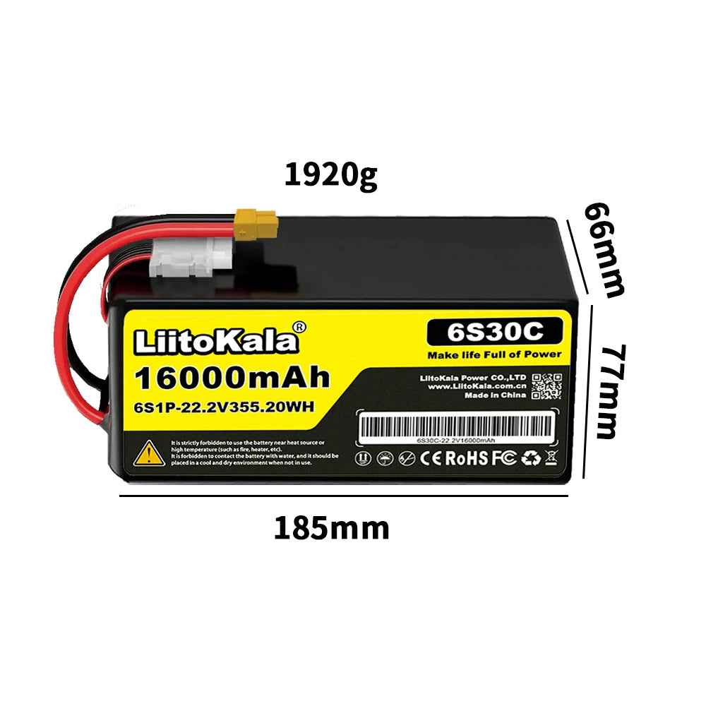 22.2V 50C 60C 80C 100C 6S 6000mAh 10000mAh 12000mAh 16000mAh Lithium Polymer Battery with XT60 X90 Plug, Suitable for Drones