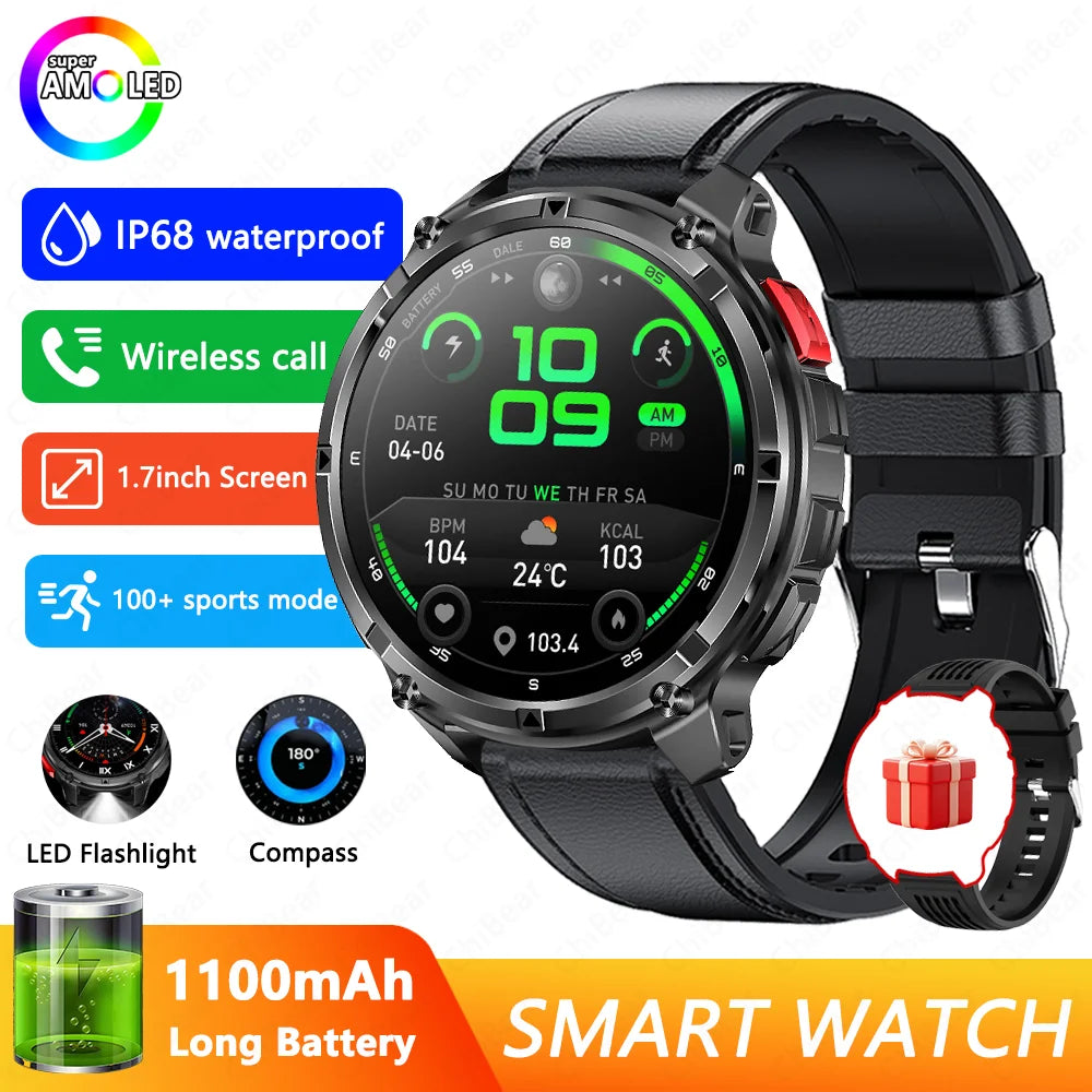 1100mAh Battery Smart Watch 1.7 Inch 360*360 AMOLED HD Screen Men Watch Compass 1ATM Waterproof Bluetooth Call Sports Smartwatch