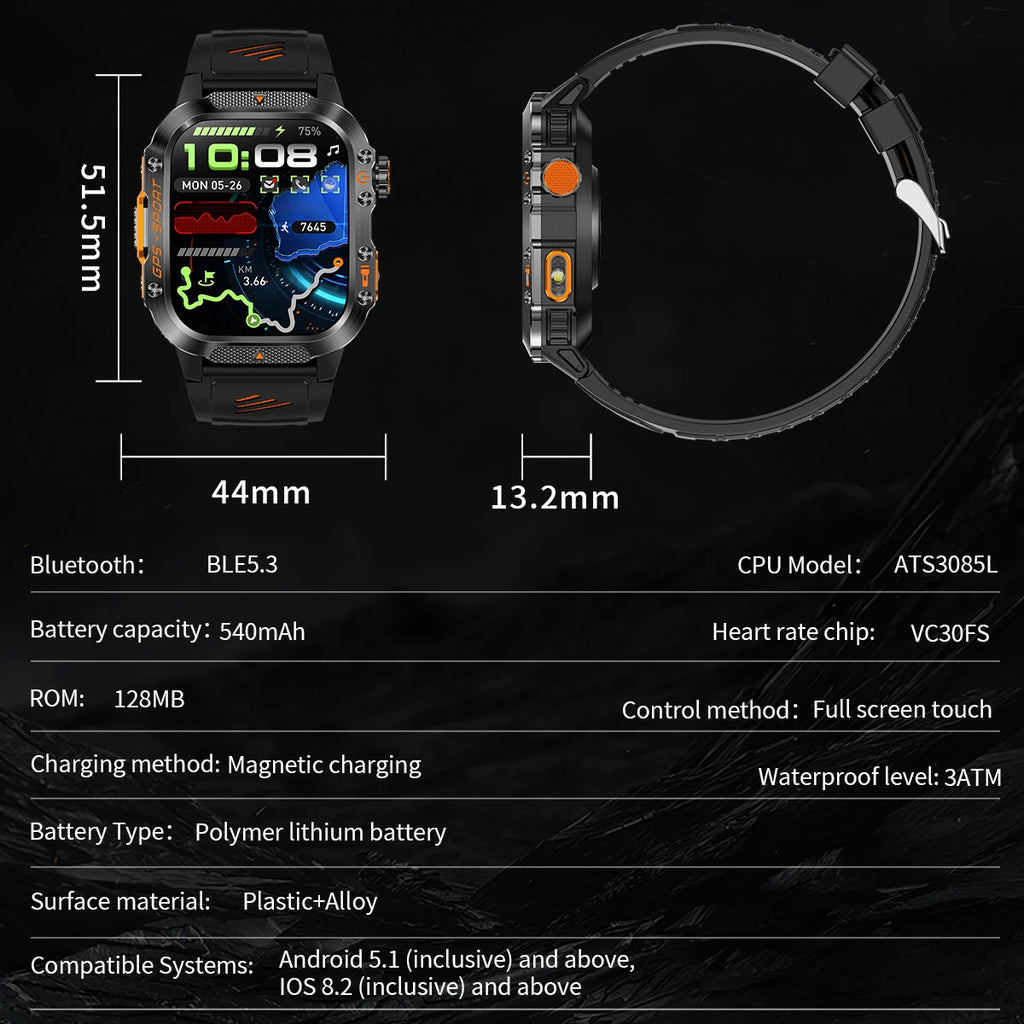 New Smart Watch Built-in Dual-frequency GPS Wireless Call 3ATM Waterproof  LED Flashlight Compass Men's Outdoor Sport Smartwatch