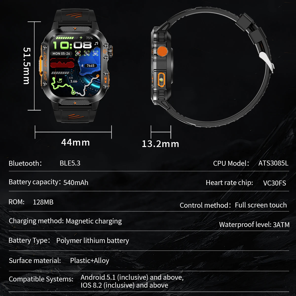 New Smart Watch Built-in Dual-frequency GPS Wireless Call 3ATM Waterproof  LED Flashlight Compass Men's Outdoor Sport Smartwatch