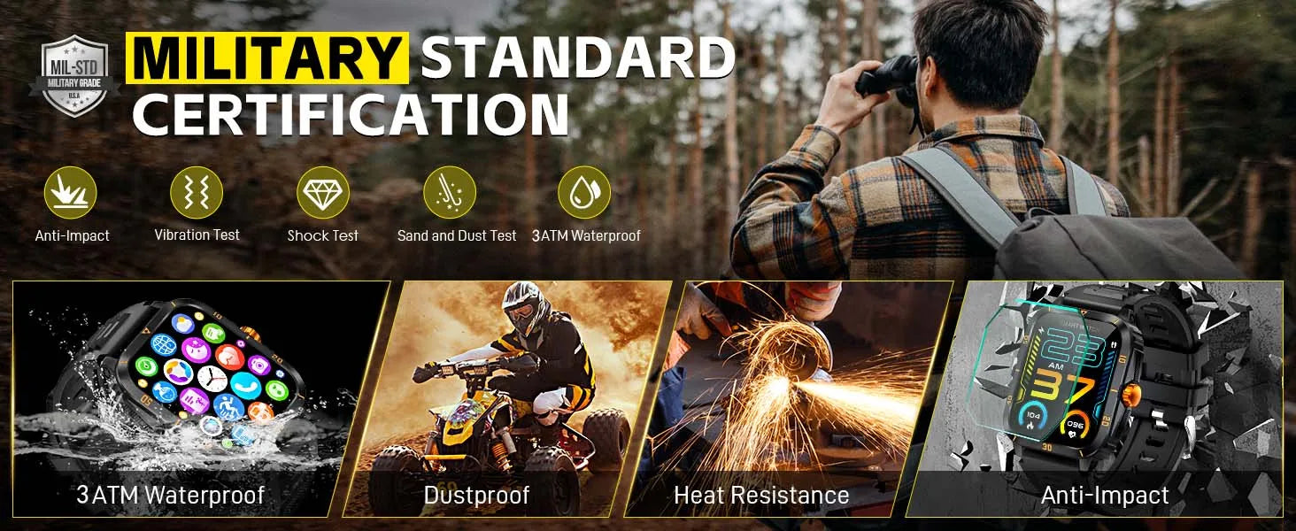 EIGIIS Smart Watch 3ATM Waterproof 1.96" IPS Screen Military KT71 Men 100+ Sport Mode Heart Rate Blood Pressure Bluetooth Call - Clear Quartz Market