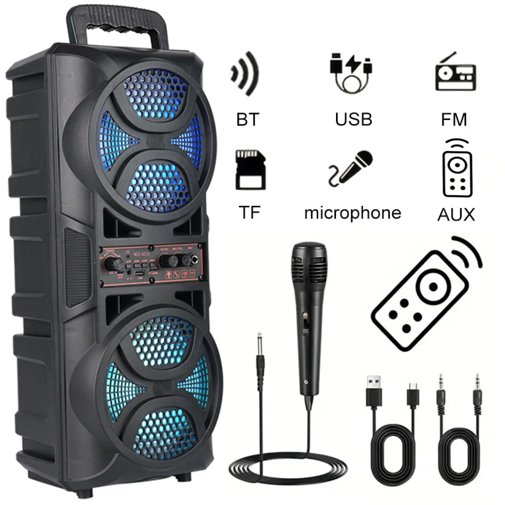BT Speaker Portable Speaker with 6.5in Subwoofer Deep Bass LED Lights Support USB/TF/AUX/FM/BT/MIC Long Playtime for BBQ Party