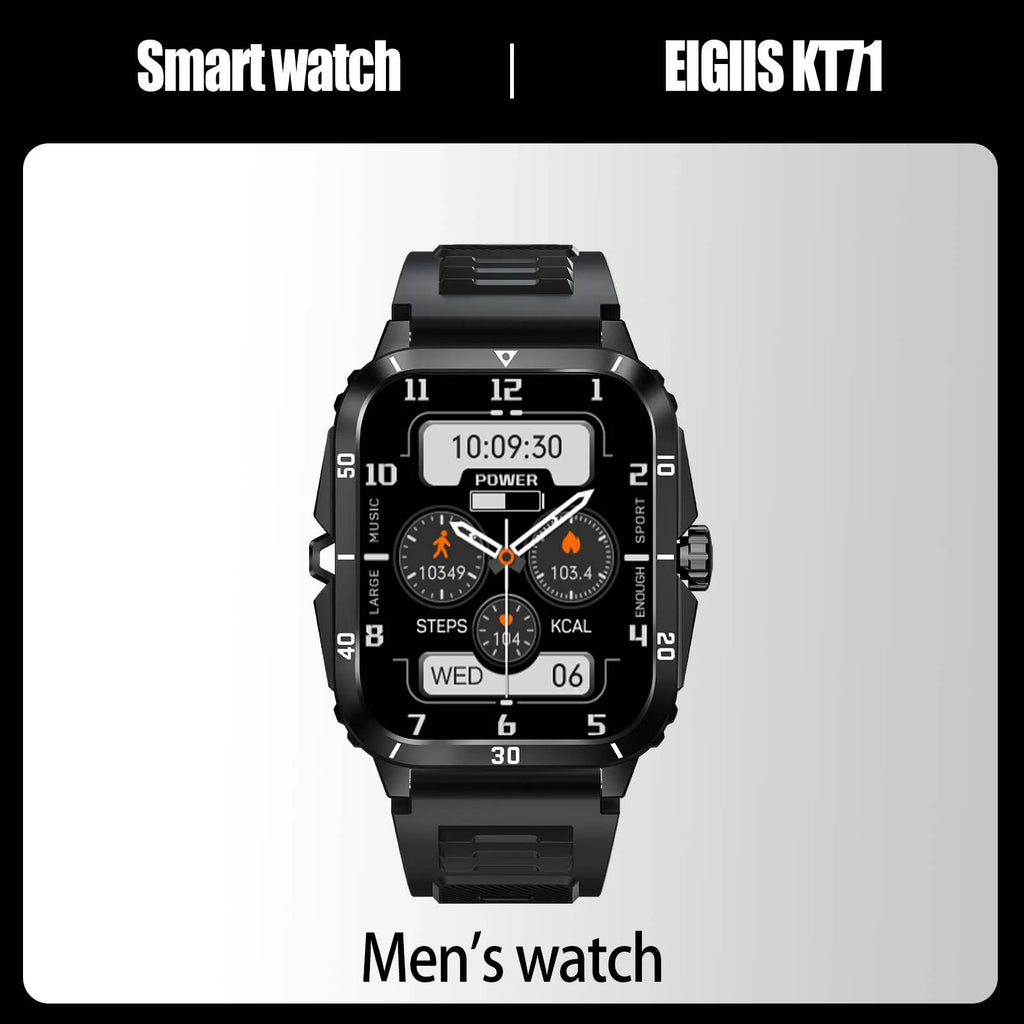 EIGIIS Smart Watch 3ATM Waterproof 1.96" IPS Screen Military KT71 Men 100+ Sport Mode Heart Rate Blood Pressure Bluetooth Call - Clear Quartz Market