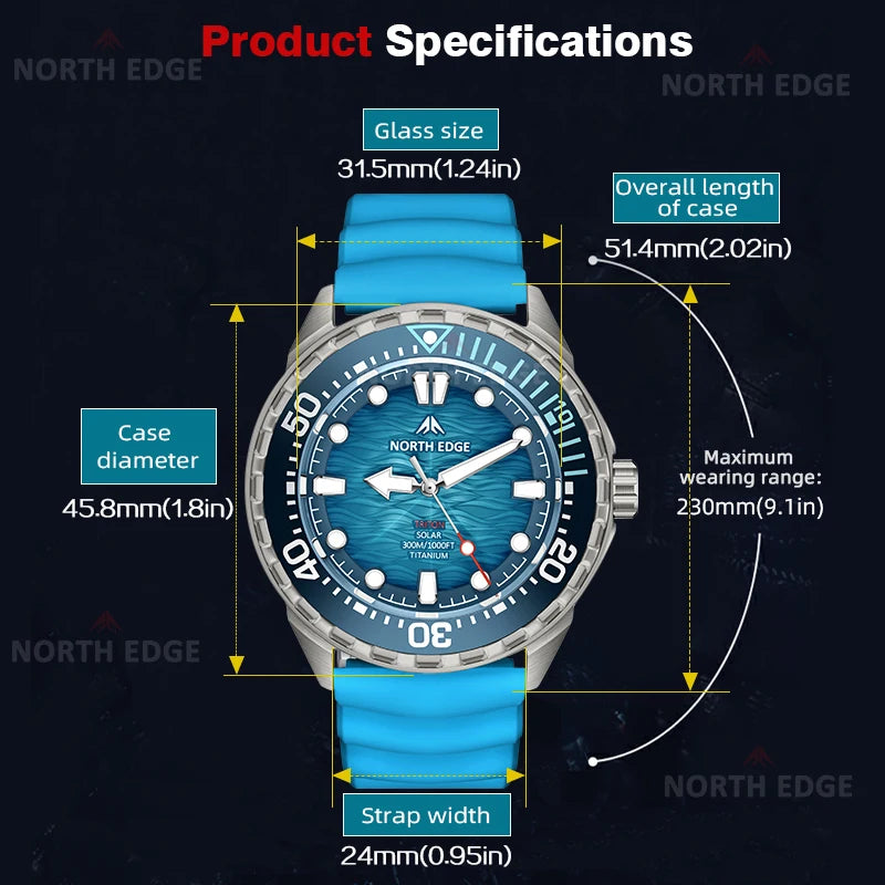 NORTH EDGE TRITON-Ti Solar Powered Dive Watch Titanium Alloy Case Men Luxury Quartz Watches For Men Waterproof 300M
