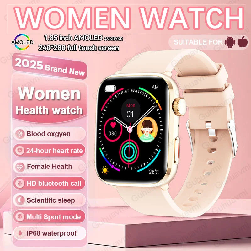 2025 New Genuine NFC Smat Watch For Men 1.85"AMOLED Screen Blood Pressure Heart Rate Female Health Waterproof Smarwatches Ladies