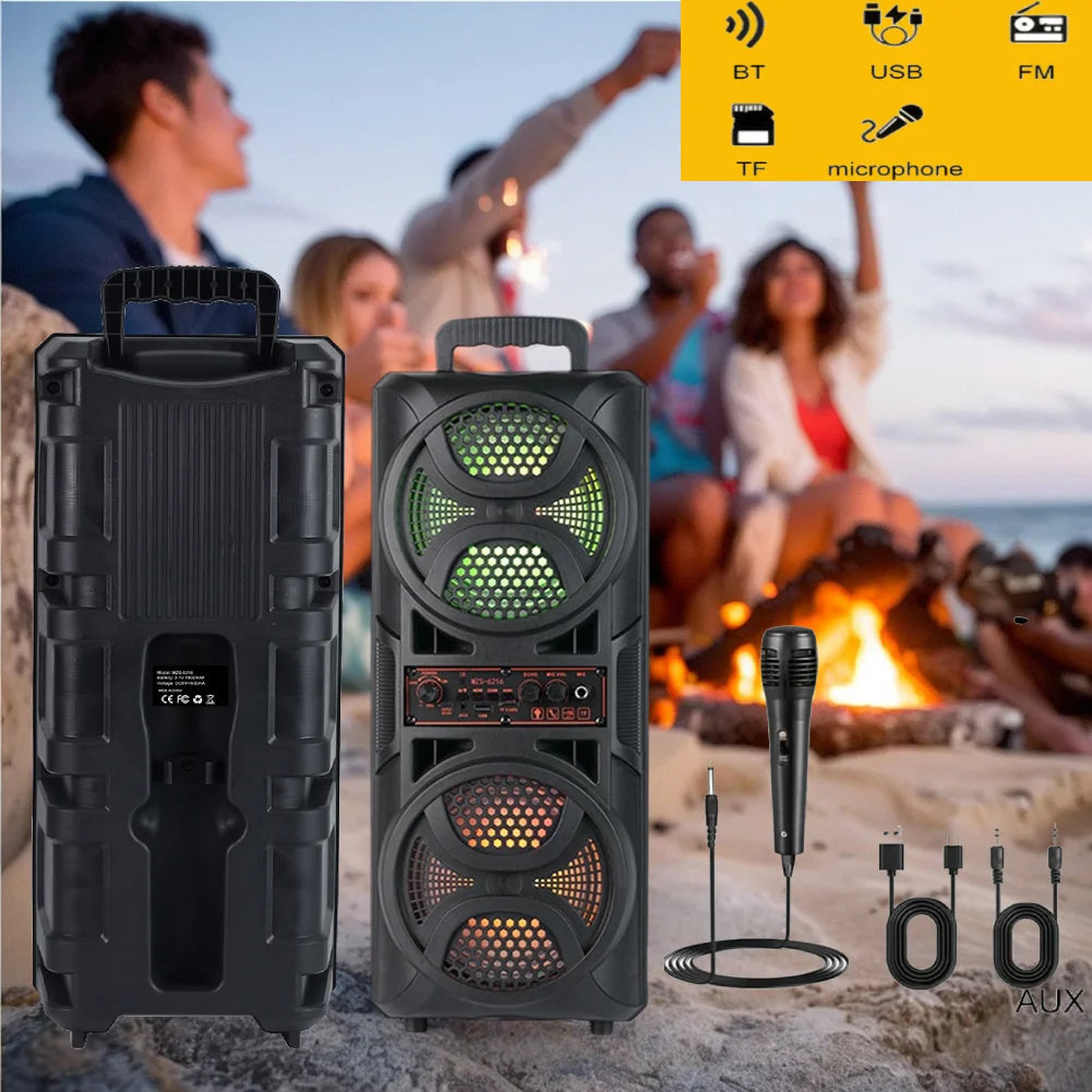 BT Speaker Portable Speaker with 6.5in Subwoofer Deep Bass LED Lights Support USB/TF/AUX/FM/BT/MIC Long Playtime for BBQ Party