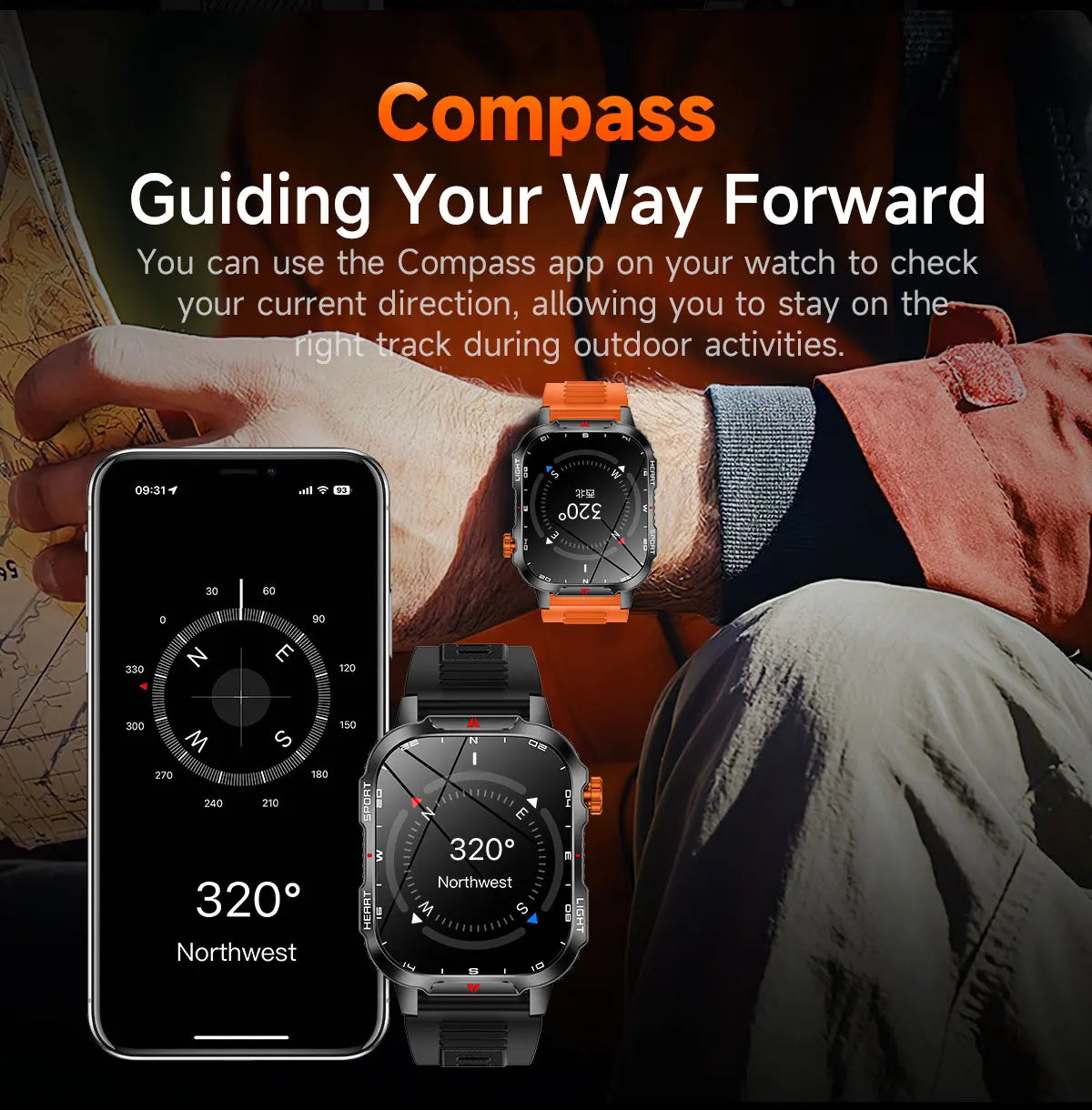 2025 Global Hiking Smartwatch 2.01''Screen 1100mAh Battery LED Light Compass IP68 Voice Assistant Outdoor Sport  Fitness Watch