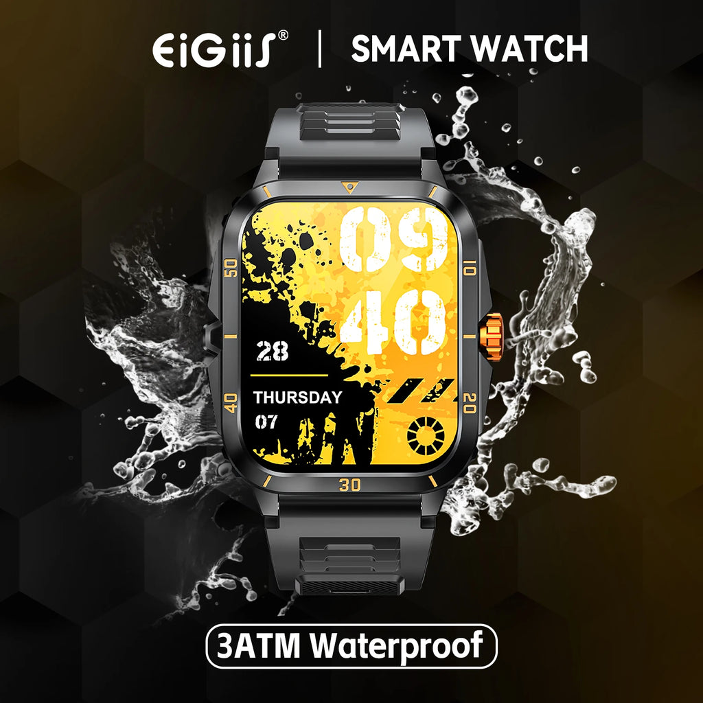 EIGIIS Smart Watch 3ATM Waterproof 1.96" IPS Screen Military KT71 Men 100+ Sport Mode Heart Rate Blood Pressure Bluetooth Call - Clear Quartz Market