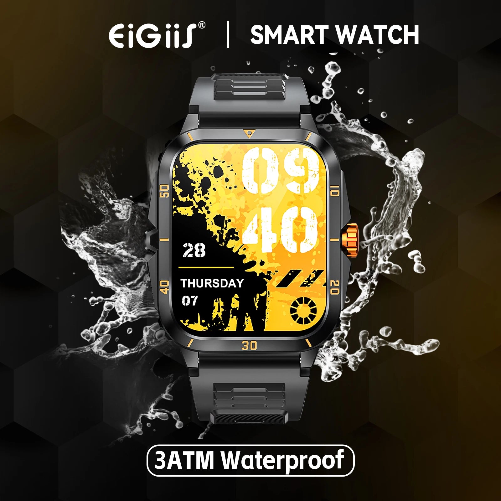EIGIIS Smart Watch 3ATM Waterproof 1.96" IPS Screen Military KT71 Men 100+ Sport Mode Heart Rate Blood Pressure Bluetooth Call - Clear Quartz Market