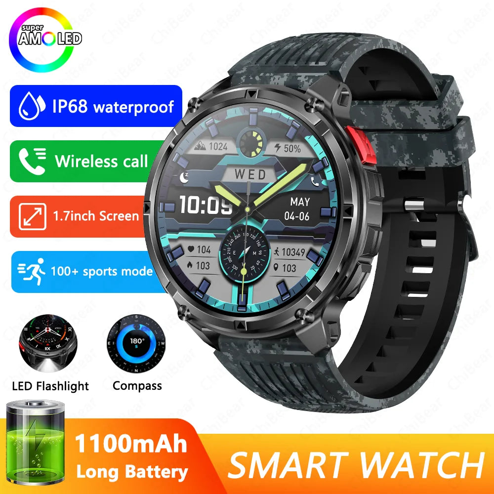 1100mAh Battery Smart Watch 1.7 Inch 360*360 AMOLED HD Screen Men Watch Compass 1ATM Waterproof Bluetooth Call Sports Smartwatch