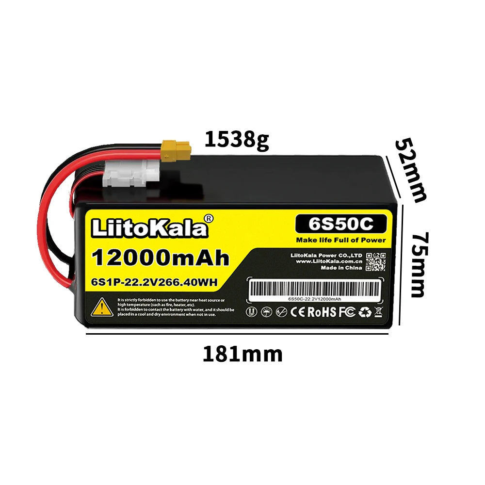 22.2V 50C 60C 80C 100C 6S 6000mAh 10000mAh 12000mAh 16000mAh Lithium Polymer Battery with XT60 X90 Plug, Suitable for Drones